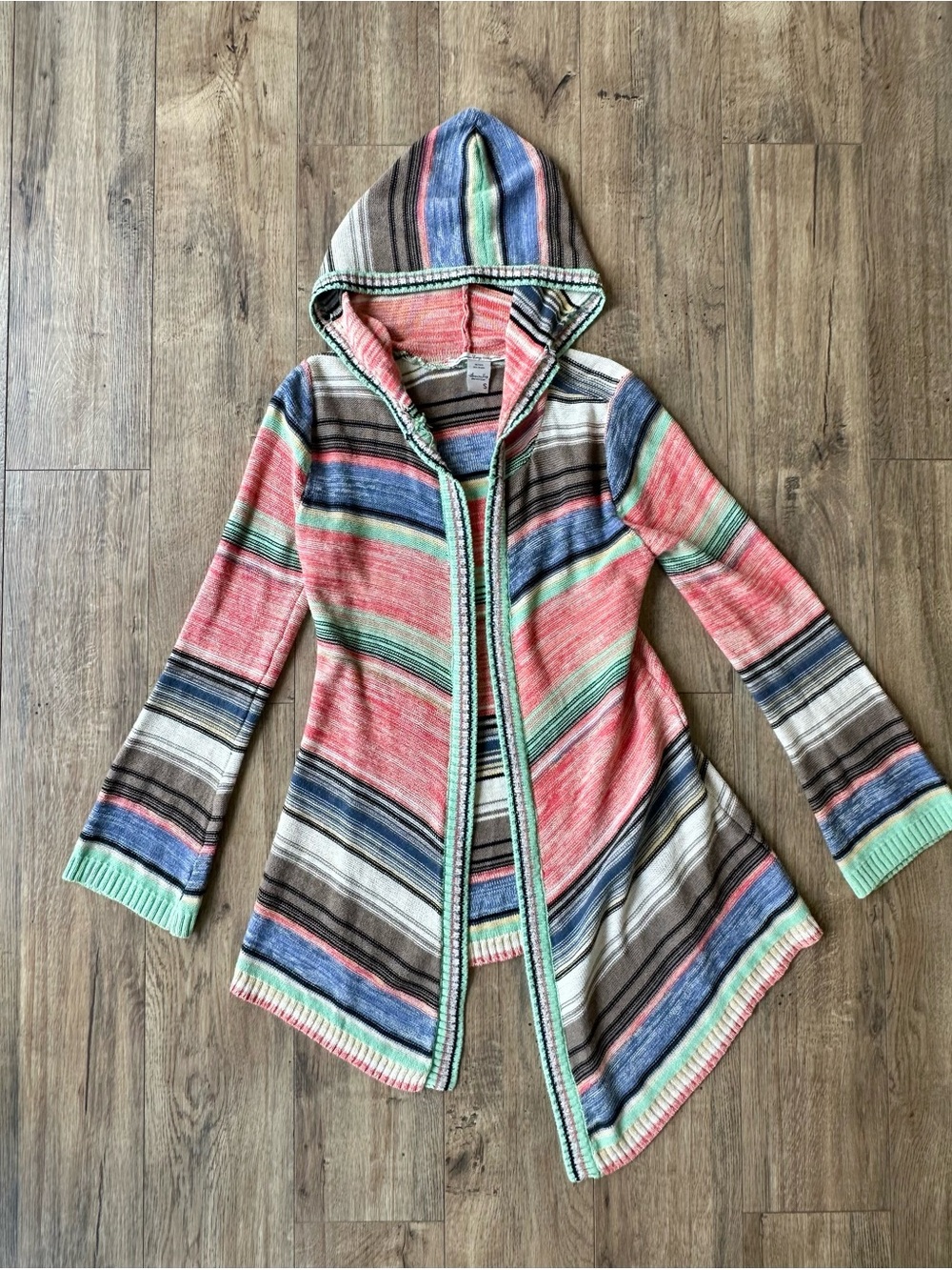 American Rag Asymmetrical Striped Hooded Cardigan in Coral, Mint & Blue